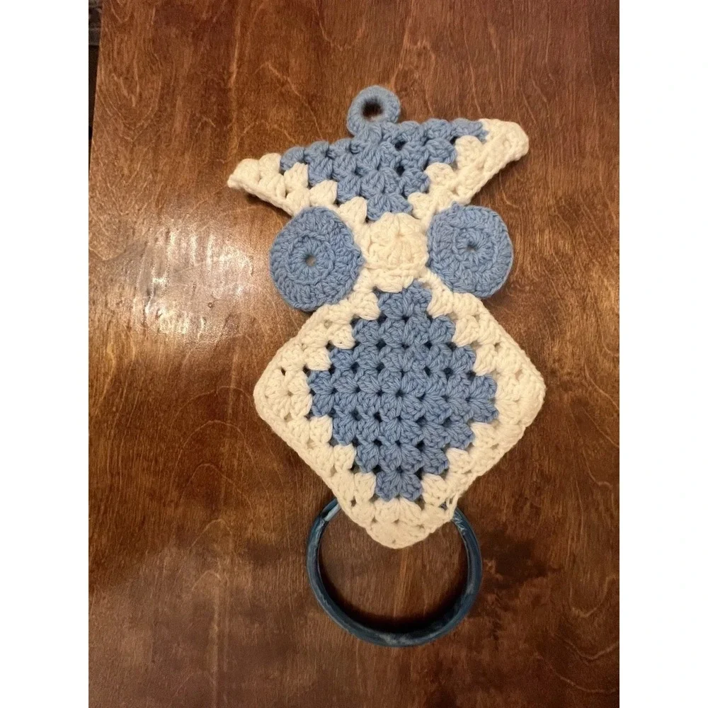 Vintage Granny Square OWL Crochet Towel Holder Blue & White
